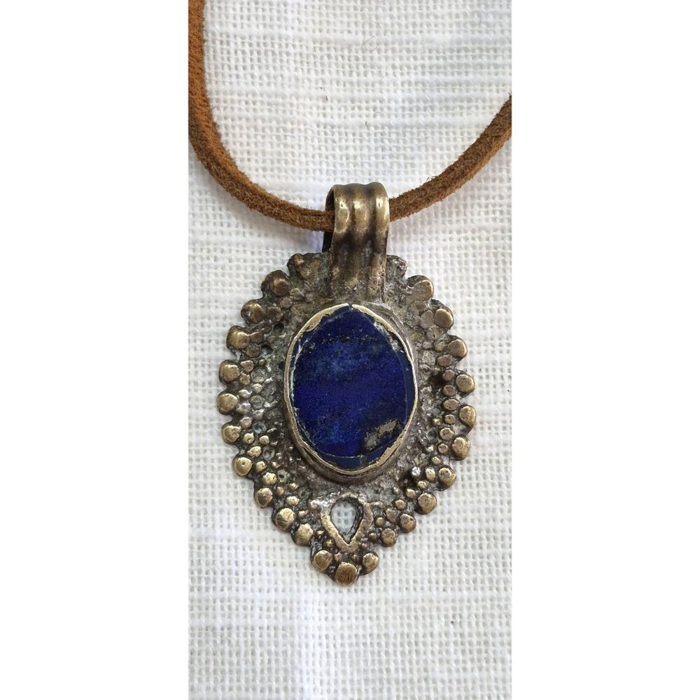 Antique Tribal-Style Blue Stone Pendant On Brown Leather Cord Necklace - Picture 5 of 14